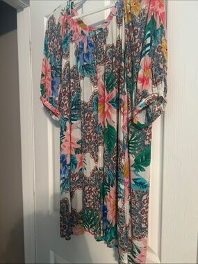 Johnny Was Floral Tropical Mini Dress in Cream, Pink, Green, Blue